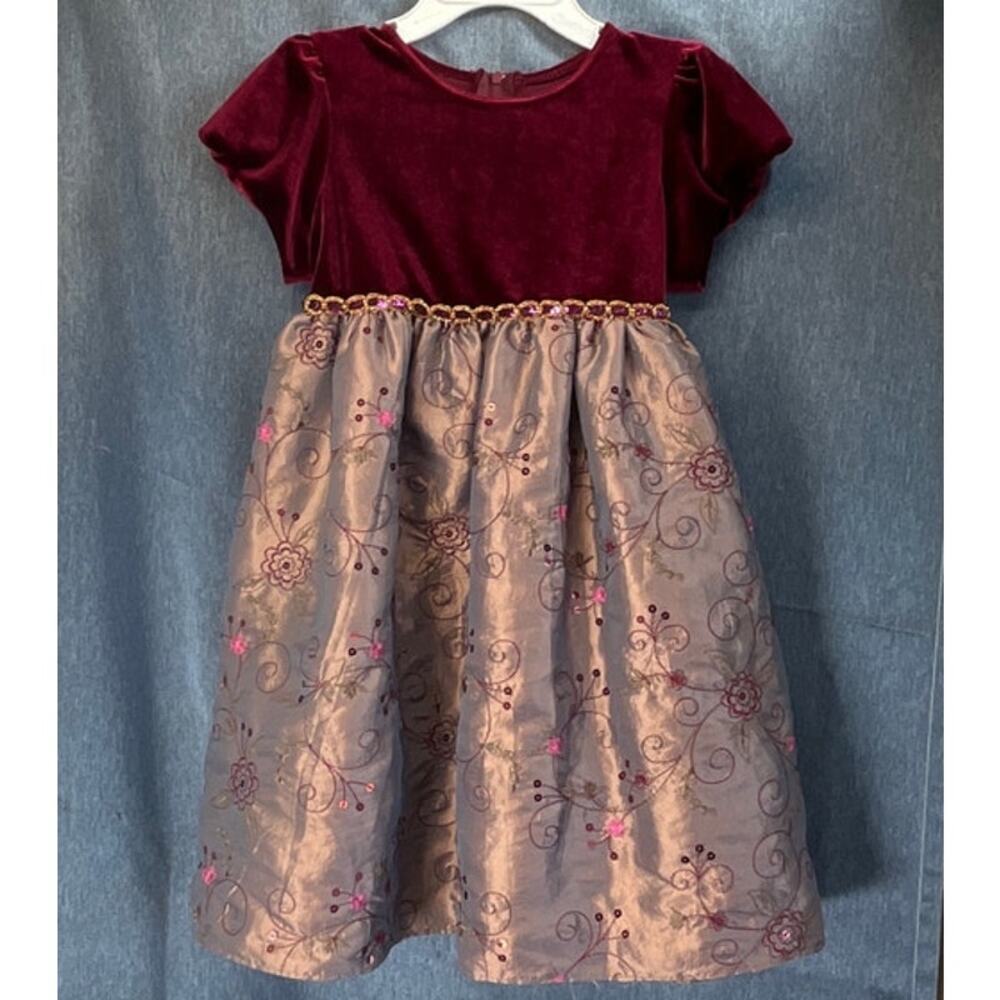 3T Girls Toddlers Redvine Velvet  Light Shimmer Brown Floral Embroidery Holiday